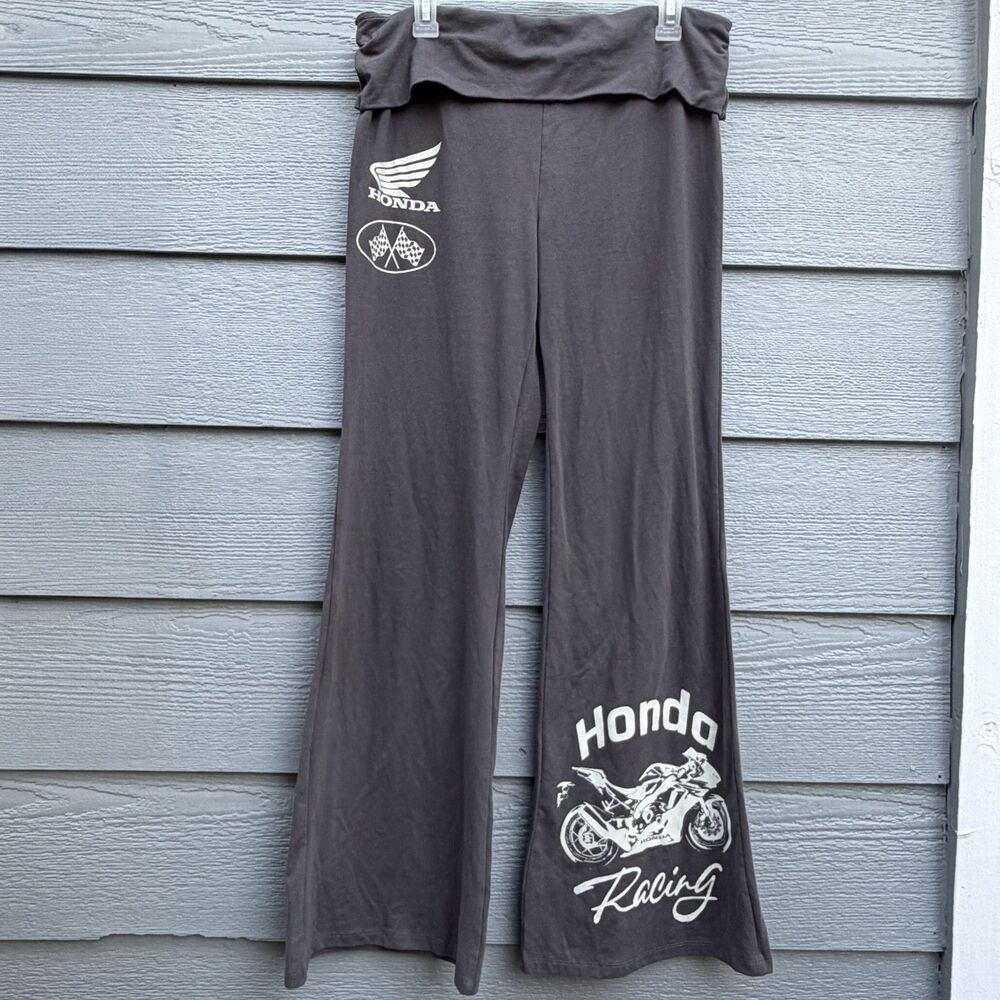 Honda L Foldover Flare Yoga Pants Women Dark Gray Cotton Blend Racing Motorcycle